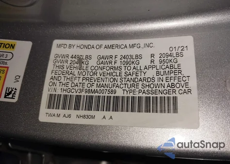2021 Honda Accord Hybrid Touring z USA, uszkodzony, nr VIN 1HGCV3F98MA007589